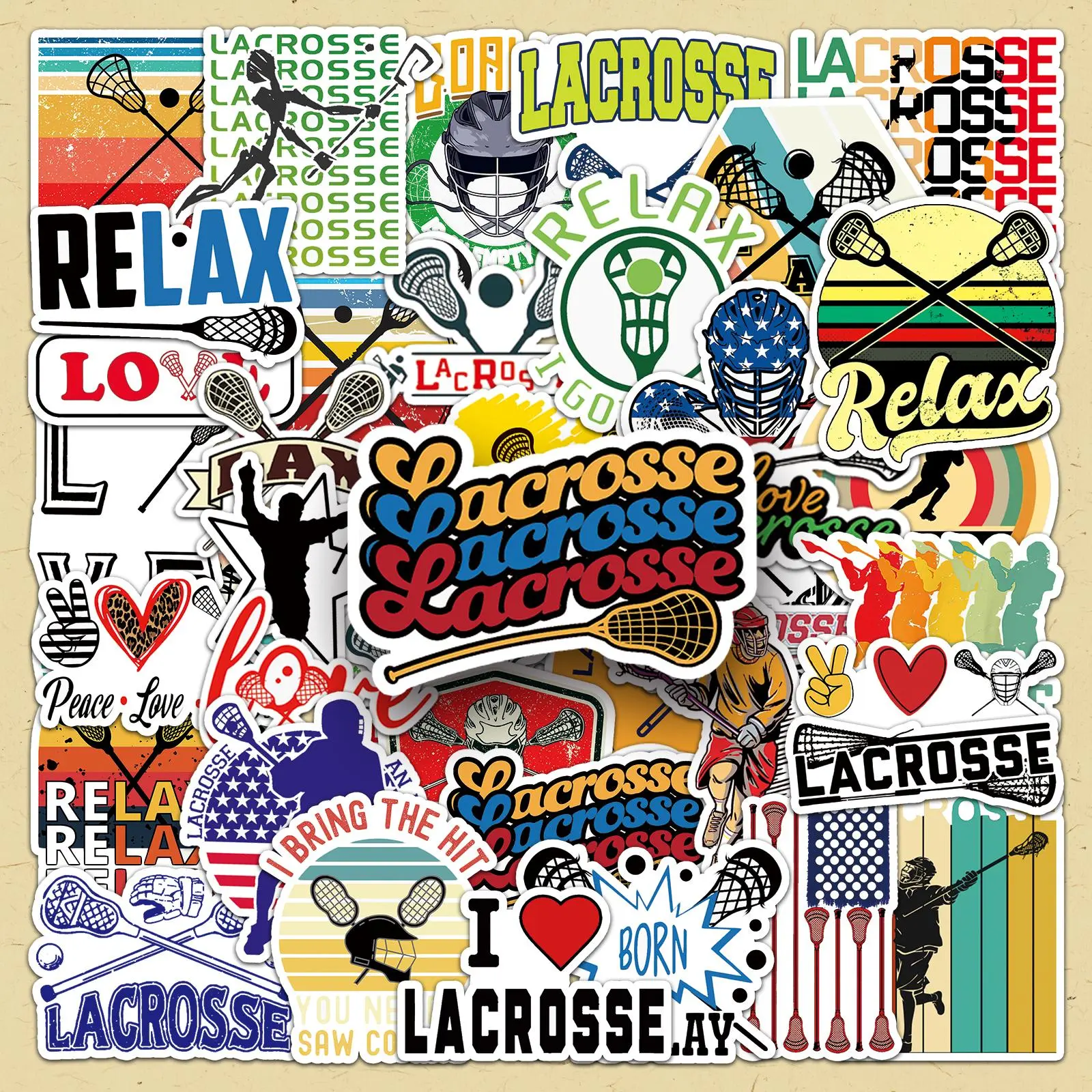 Lacrosse Sticker (50pcs), Self Adhesive Decorative Sticker, DIY Decals for Water Bottle, Laptop, Phone Case, Scrapbooking, Journal Making