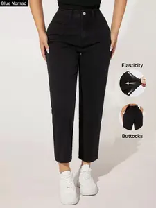 Women's High-Waisted Fitted Button Vintage Denim Fabric Jeans, Pants, Womenswear, Fashionable Streetwear Comfortable Jeans for Everyday Wear & Trendy, Essential Ladies' Clothing Aesthetic