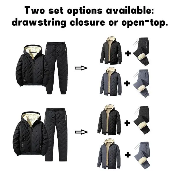 Men’s fleece-lined winter two-piece athletic set: quilted windproof, warm hooded cotton jacket paired with casual pants; two pant styles available. Autumn/winter temperature-stable outfit suitable for skiing, fishing, daily commuting, and other cold outdo