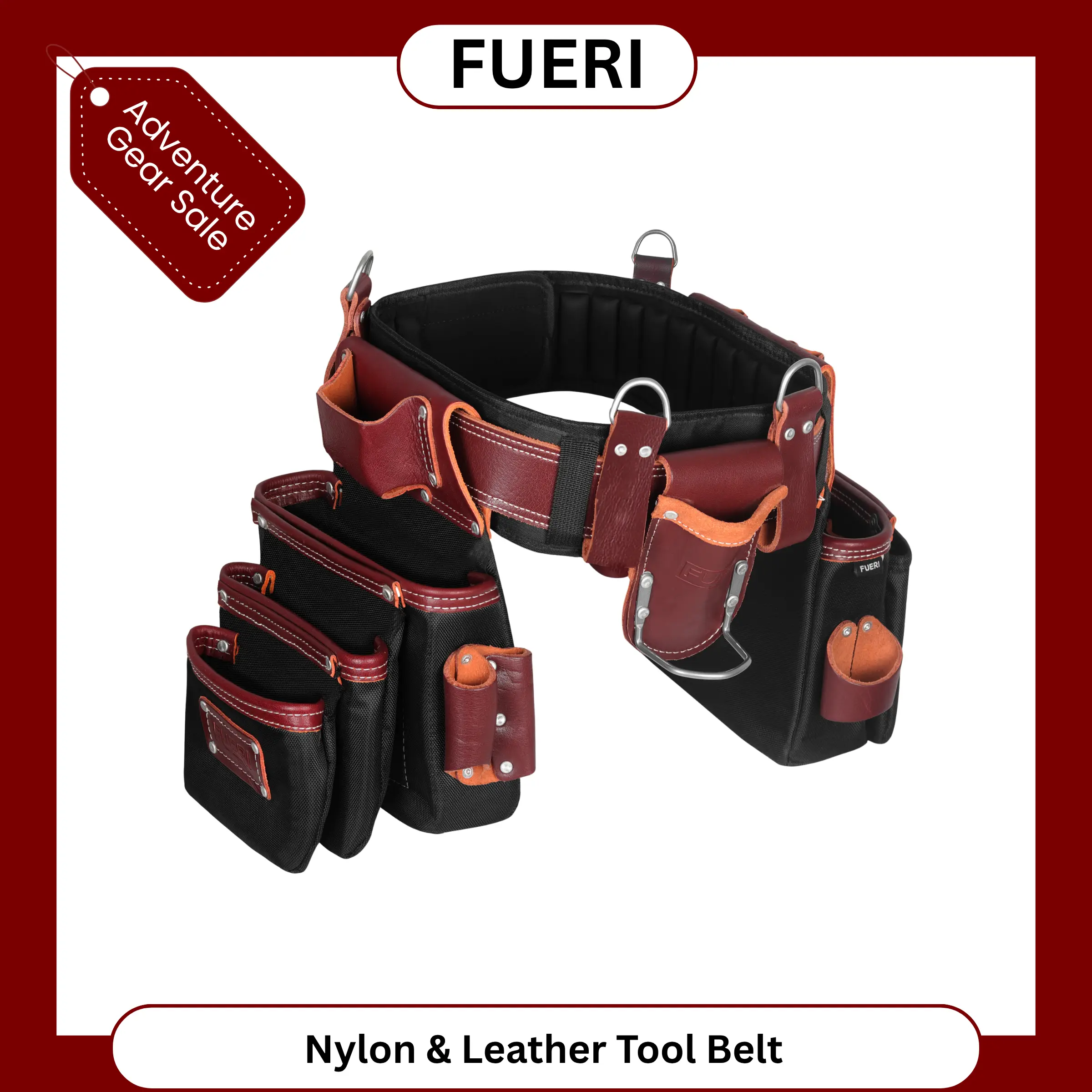 FUERI Tool Belt for Men, Heavy Duty Tool Bag Nylon and Leather 26 Pockets Maroon and Black comes with Comfort Padded Belt,Spacious Pouches,Hammer Holder and Suspender Loops for Carpenter Construction Electrician