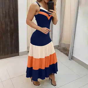 ChicMe Women's Spaghetti Strap Colorblock Ruched Ruffles Maxi Dress