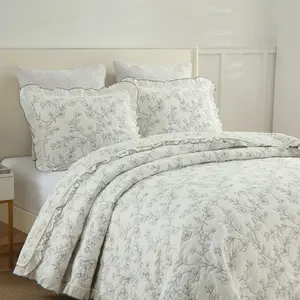 Luxury 3-Piece Cotton Oversized Bedspread Set Coverlet with Ruffle & Embroidery Queen/King Size Hypoallergenic Breathable Anti-Static Soft Touch