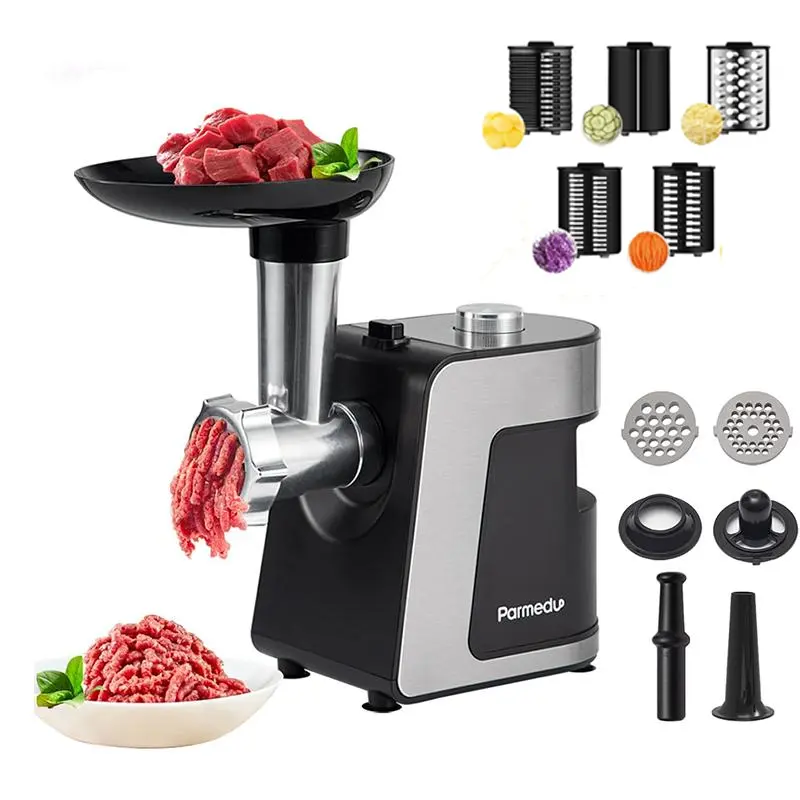 Parmedu 2-in-1 Plugged-In Electric Cheese Grater & Meat Grinder Full-Size Food Processor (7.5"l x 5"w x 7.9"h) with 12 Attachments Accessory Kit: Vegetable Cutter, Slicer, Shredder, Chopper, Salad Maker, Sausage Maker for Mince & Slice Tasks (2.5e+2 Spec)