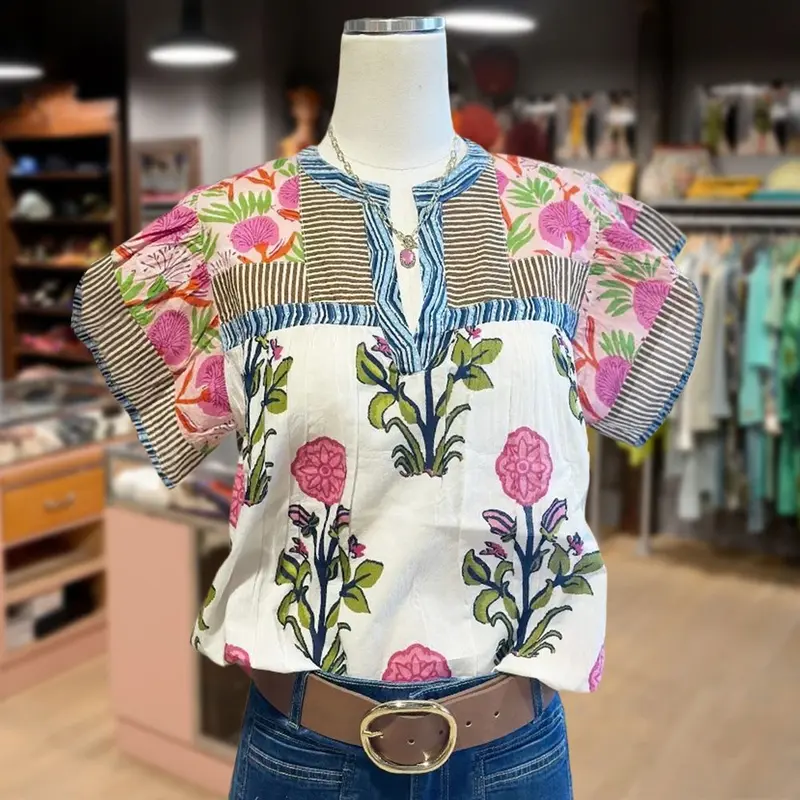 Cherrybetty Mixed Floral Print Split Neck Top Womenswear Bottoms Fashion Blouse Shirts Casual women's summer outfits going tops fashion outfits 90s graphic tees cute summer outfit women's summer outfits plus size tops going tops women's summer tops Outdo