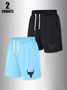 Men's 2 Counts Geometric Bull Head Graphic Shorts, Casual Drawstring Waist Athletic Shorts, Lightweight Workout Running Gym Shorts for Men #MensShorts #AthleticWear #GymApparel #Streetwear #TikTokMadeMeBuyIt