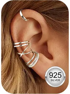 4Pcs S925 Sterling Silver Earring Cuffs for Women, Ear Cuff Set Helix Cartilage Clip on Earrings Non Piercing Earrings for Girls, Adjustable Rose Gold Ear Cuffs Earring Stack