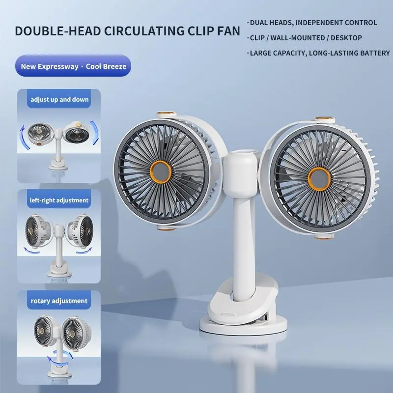 Powerful dual-head fan, suitable for outdoor camping, meets the cooling needs of multiple people, high-performance fan, long battery life, desktop placement, quiet, energy-saving, suitable for indoor and outdoor use, and home use