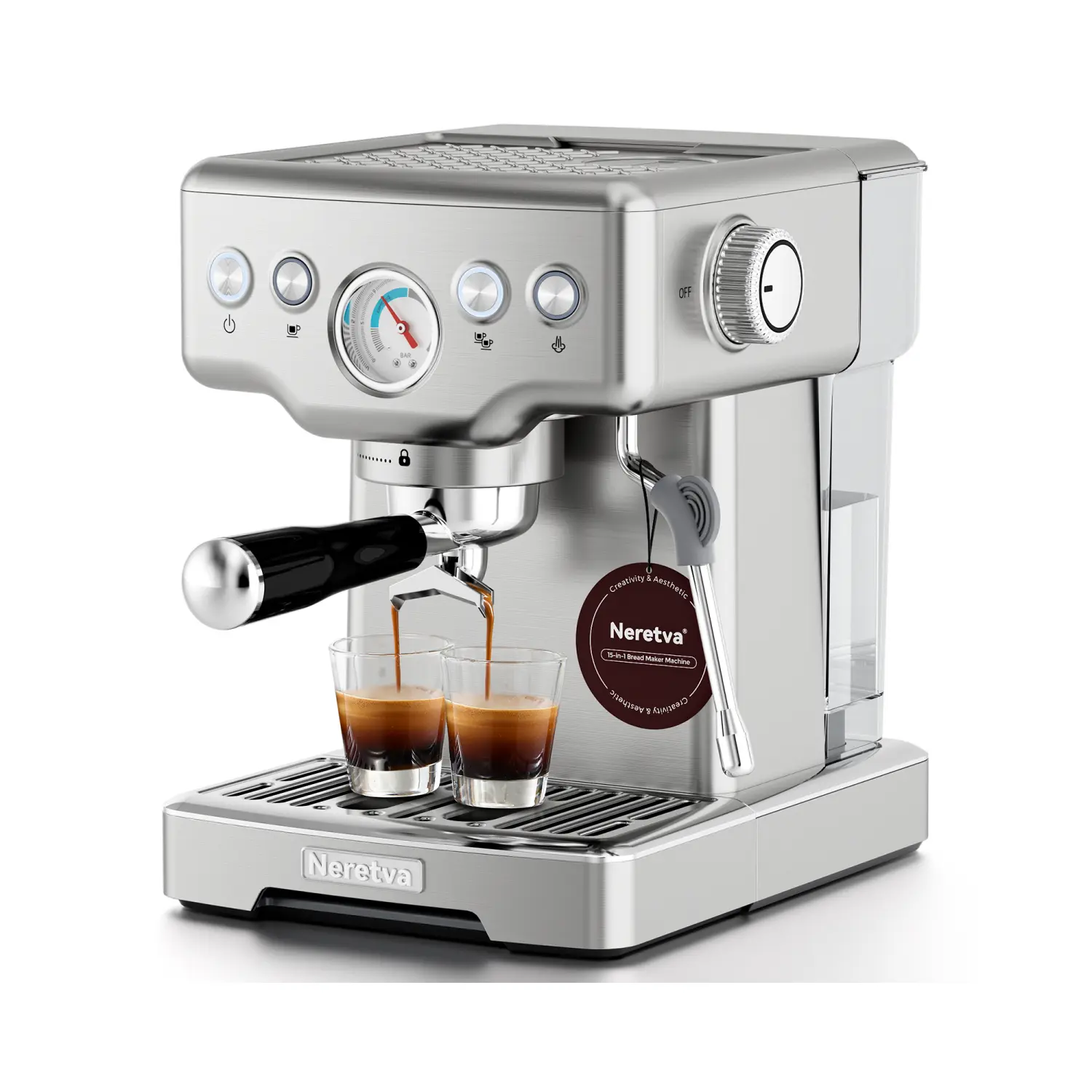 Neretva Espresso Machine, 15 Bar Espresso Coffee Machine with Visible Pressure Guage Professional Espresso Maker with Milk Frother & Stainless Steel for Home Barista Latte and Cappuccino Maker