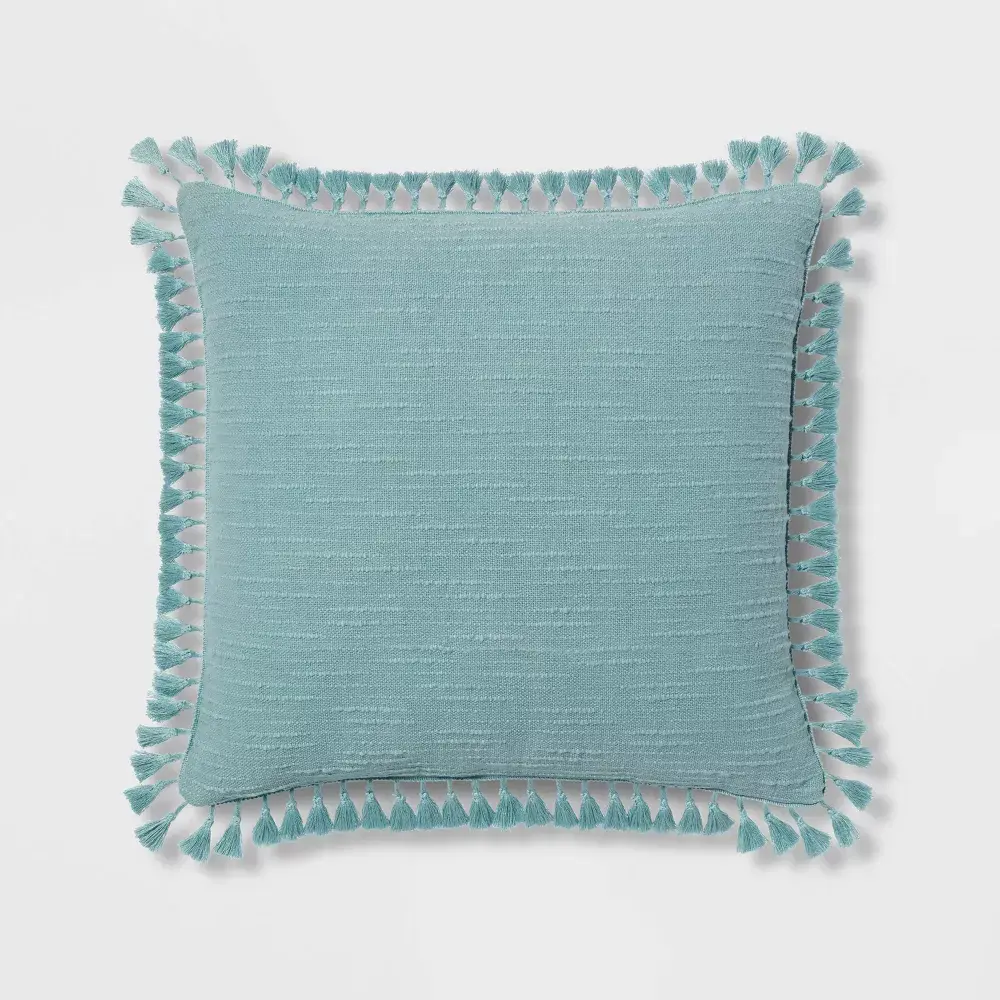 Euro Textured Slub Tassel Decorative Throw Pillow Light Teal Blue - Threshold: Cotton Dobby Indoor Square Accent Pillow