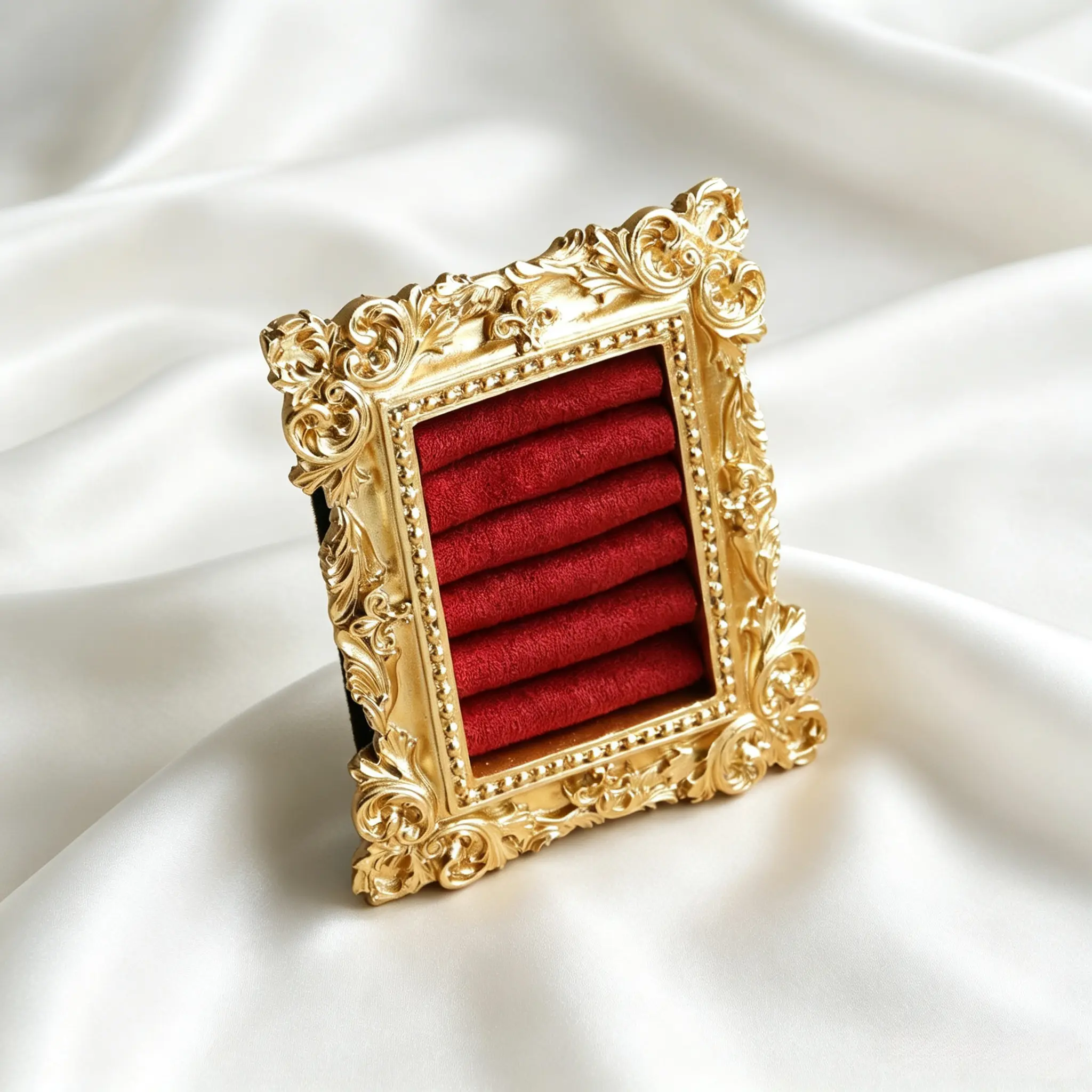 MellowAbode Red Wedding Ring Display Frame - Flat Lay Velvet Interior Holder for Ceremony Decor, Ornate Vintage Keepsake Organiser - Rectangular Single Unit for Boho Classic Weddings.