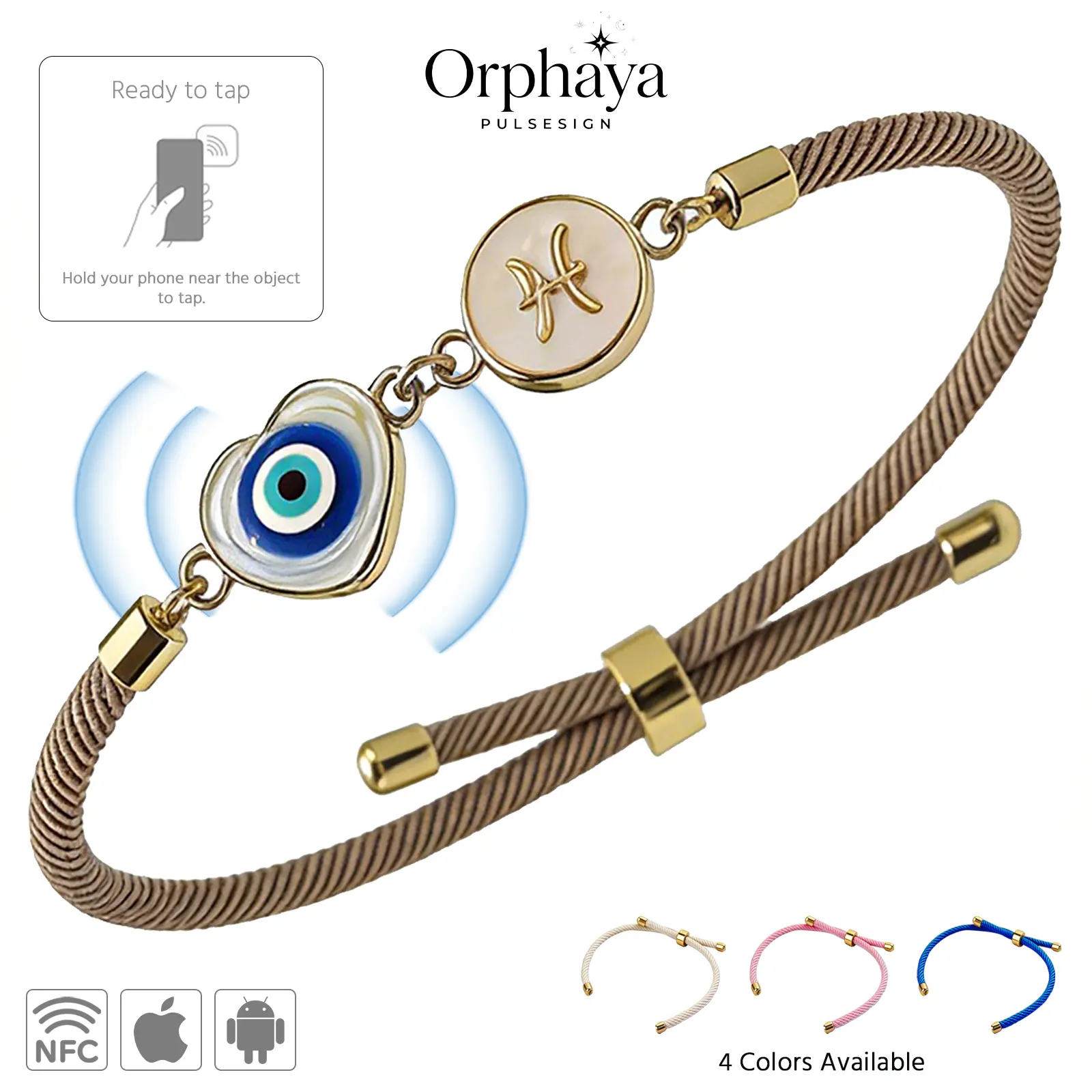 Orphaya NFC Zodiac Jewelry Bracelet with Mother of Pearl Charm for Daily Tarot & Horoscope Access, Adjustable Braided Band with 4 Interchangeable Cords, Waterproof Unisex, Pearl Bracelets, Energy Protection Bracelets & Bangles