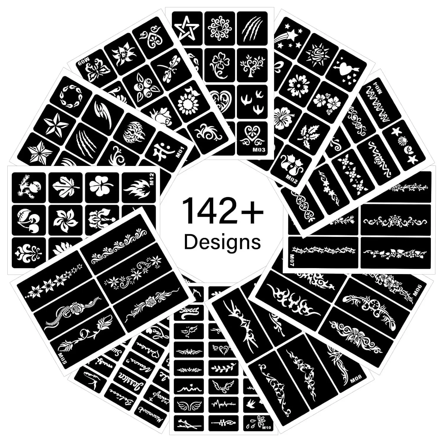 12 Temporary Tattoo Stencils,142 PCS Henna Stencils Reusable Tattoo Stencils for Face Body Art Painting for Women Men Adults Kids
