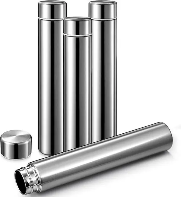 Water Bottle 8.8 oz Small Stainless Steel Purse Compact Insulated Water Bottles Camping Travel Backpack Pocket Flask for Car Cold Coffee Tea(Silver,4 Pack)