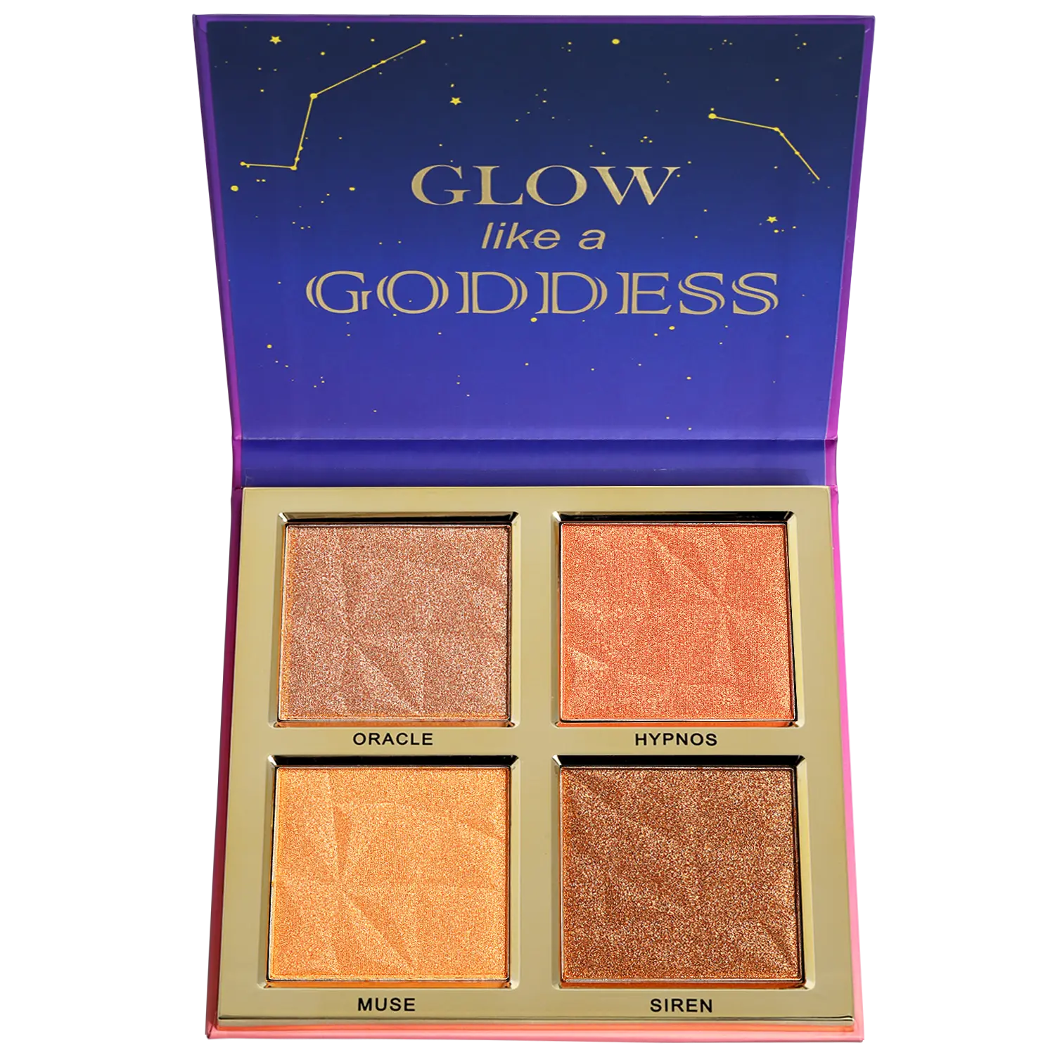 Nox Goddess Compact Cosmetic Highlighter Palette - 4-Shade, Warm Golden Undertones, Ultra-Fine Metallic Shimmer Powders, Vegan & Cruelty-Free, Radiant Glow for Medium Tan-Deep Skin Tones, Includes Brush