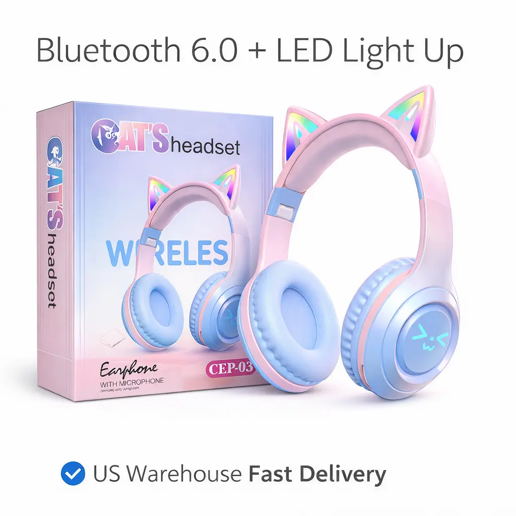 Wireless Bluetooth Cat Ear Headphones with Mic LED Light Foldable Over Ear Headset for Mobile Phone Laptop and Computer Cute Gift for Kids Teens and Adults