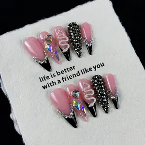 10pcs Heavy industry design style, hand-painted three-dimensional square diamond, little snake, flashing full diamonds, Glitter rhinestones, handmade fake nails, DIY Nail Art, Suitable for dark rock girls, bar DJs, and carnival activities