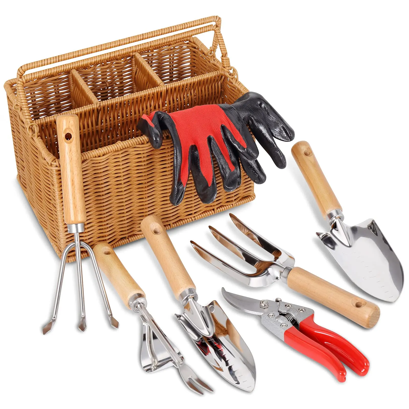 SOLIGT Heavy Duty Stainless Steel Garden Tools Set with Wood Handles, Basket, Pruning Shears, Gloves - Ideal Christmas, Birthday, Easter, Father’s Day, Anniversary Gifts for Gardeners, Storage Basket