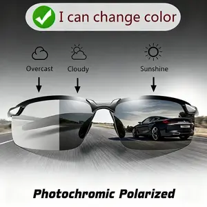 Photochromic Polarized Fashion Glasses - Frameless Photochromic Lenses Unisex, Retro Half Metal Frame, Blue Light Filter, Sport Style, Suitable for Outdoor Outings