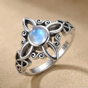 S925 Sterling Silver Celtic Knot Moonstone Ring – Elegant Vintage Floral Design for Women Jewelry Gift Box