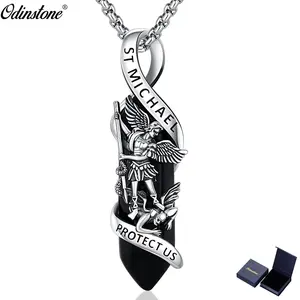 ODINSTONE St Michael Pendant 925 Sterling Silver Saint Michael Necklace for Men Women with Black Crystal Amulet