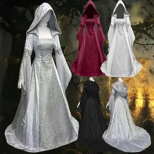 Women’s Medieval Retro Style Cosplay Costume Wedding Dress, 8 Colors, Hooded Waist Dress, Halloween