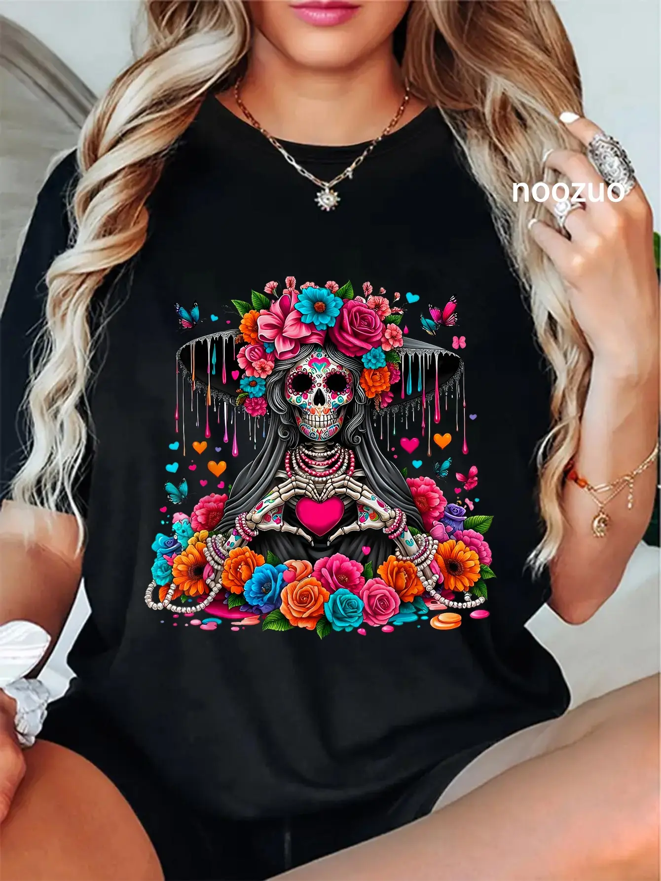 Women's Catrina Skeleton Graphic T-Shirt | Vintage Distressed Streetwear Tee, Casual Short-Sleeve Cotton Top for Everyday Wear, Tshirt, Casual Fit, Distressed Look, Whimsical Fun, Lady, Round Neck, Shortsleeve, Crew Neck