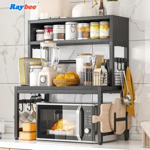 Raybee Microwave Stand with Storage, Bakers Rack Table Shelf, Adjustable Oven Shelf Heavy Duty 9 Hooks & Side Cutting Board Stand for kitchen Coffee Bar Worktop Organizer