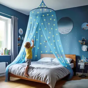 for Girls Bed with Pre-Glued Glow in The Dark Stars - Princess Mosquito Net Room Decor - Kids & Baby Bedroom Tent with Galaxy Lights - 1 Opening Canopy Bed & Hanging Kit Included
