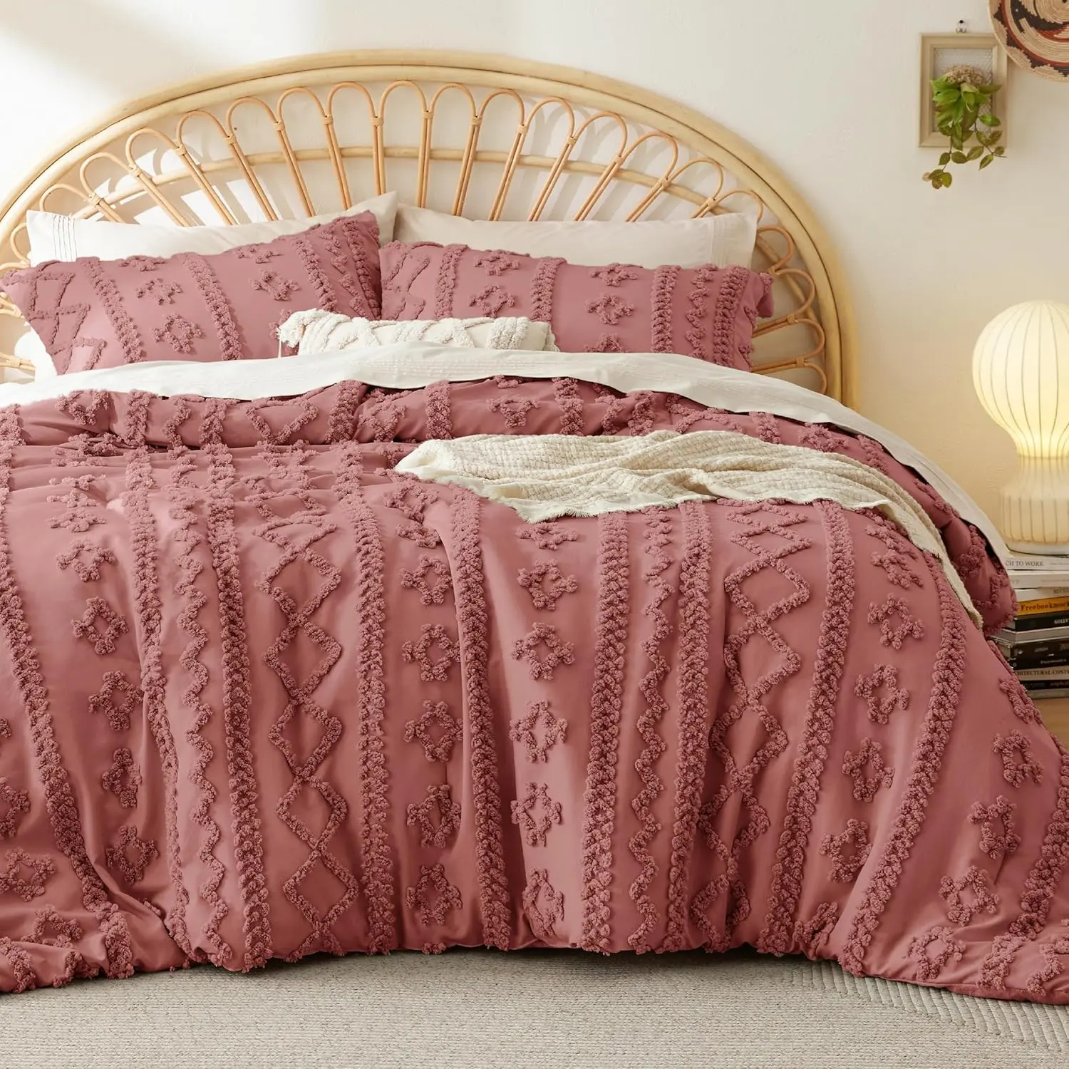 tufted boho comforter twin size-grayish pink boho,  farmhouse embroidery, gifts for woman, jacquard twin comforter for seasons