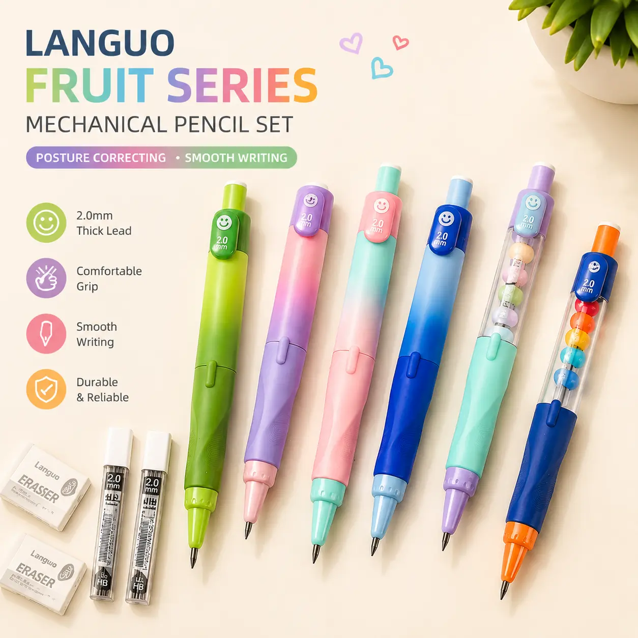 Children's Posture Correction Grip Pencils Set - 2 Pencils, 14 2mm Refills,2 Erasers - Back to School Office Stationery for Writing Posture Correction & Myopia Prevention, Writing Practice Pens