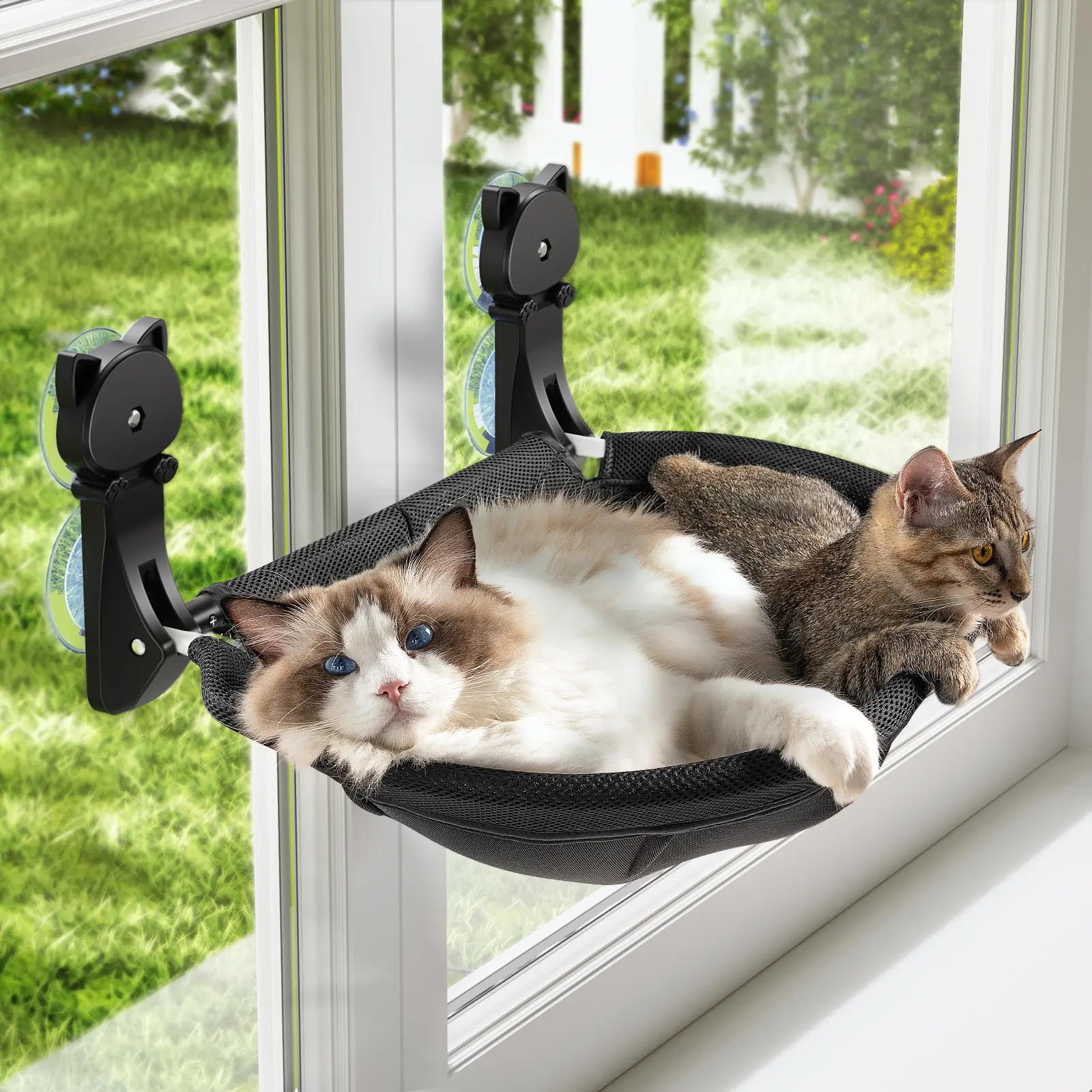 Cat Window Perch Hammock with Suction Cups - Breathable Mesh Fabric, Stable and Secure Sunken-Zipper Design, Foldable Space-Saving Stable Metal Construction, 40lb Capacity for Sunbathing, Home & Apartment Use