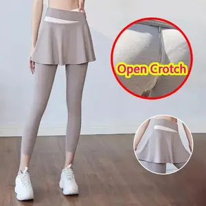 Woman Open Crotch Leggings with Fake Skirt Hidden Zippers Crotchless Panties Elastic Skinny Sport Girl Open Seats Pants Gifts leggings gym outfits workout sets sun protection Breathable Athletic Bottoms High Waist Stretchy(Sheets)