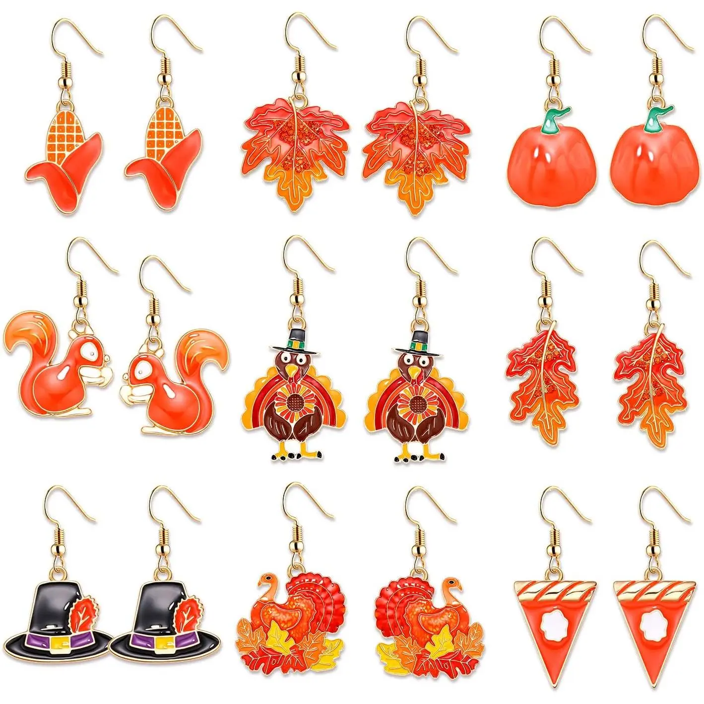 Women's 9-Pair Thanksgiving Fall Costume Earrings Set - 0.5-1.2in Harvest Pumpkin, Maple Leaf Studs, Squirrel, Turkey, Crystal Drop Earrings - Gifts for Parents, Colleagues for Birthday, Anniversary - Autumn Party Jewelry