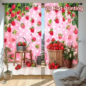 2-piece set of strawberry and polka dot graffiti polyester curtains, digital print, suitable birthday celebrations, ideal holiday decorations in bedrooms, living rooms, storage areas, dressing rooms, and flower rooms mat anti slip floor mat