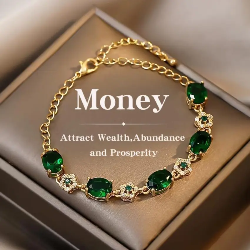 Women's Gold-Tone Alloy Bracelet - Elegant Chain with Polished Oval-Cut Emerald Gemstone Accents, Gold Aesthetic, Bling Effect, Adjustable Clasp for Luxury Look Daily Wear, Oval Cut Gems, Birthday, Arm Candy Accessories, Bracelet Stacking, Comfortable Fit