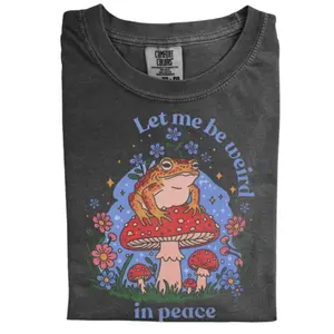 Frog with Mushroom T-shirt, Let Me Be Weird Shirt, Cute Frog Design Shirts, Funny Animal Tee, Quirky Frog Lover T-shirt, Nature Design Tee, Gift for Men Women, Crew Neck T-shirt, Trending T-shirt