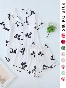 Women's Printed Button Front Pocket Shirt & Elastic Waist Shorts Pajama Two-Piece Set , Comfy Soft PJ Lounge Set, Summer Clothes for Women