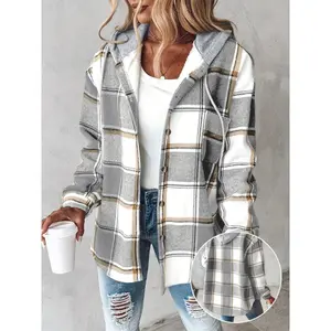 New[Plaid Shacket] Warm Plaid Long Sleeve Shacket - Button Fleece Lined Hooded Jackets Coat Fabric Womenswear