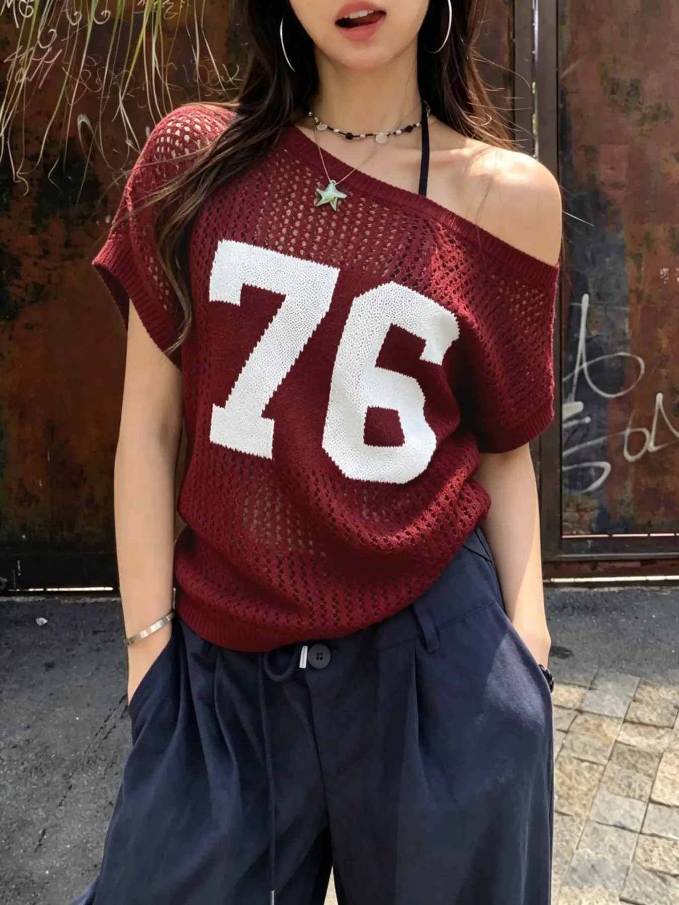 Summer Ice Silk Hollow Out Asymmetrical Shoulder Number Print Sexy Knit Top, Fashion Casual Loose Fit Breathable Drop Shoulder Sweater Knitwear Womenswear