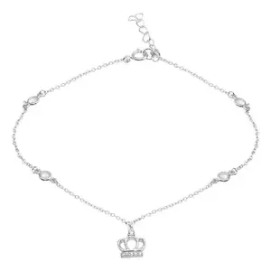 925 Sterling Silver CZ Link Crown Charm Anklet
