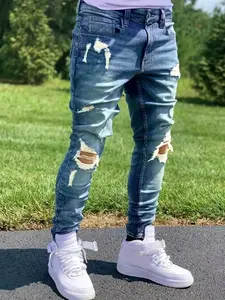 Men's jeans, men's long pants, stylish ripped washed jeans with street fashion, slim fit and trendy, versatile for all occasions. Pocket