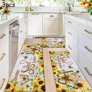 Kitchen Mat Set of 2 or 3 Pieces with Daisy and Butterfly Patterns, Anti-Slip and Durable Floor Mats, Easy to Clean Home Decor for Kitchen and Living Room, Kitchen Area Rug, Floral Pattern Rug, Flower Pattern Rugs, Decorative Rug