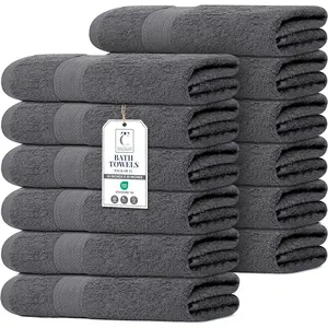 Commercial Bulk Pack of 12 Large Bath Towels – 100% Cotton Terry 24" x 50" – Ideal for Hotels, Salons, Gyms, Spas & Institutional Use – Charcoal Grey