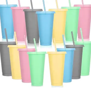 Colored acrylic cups with lids and straws
