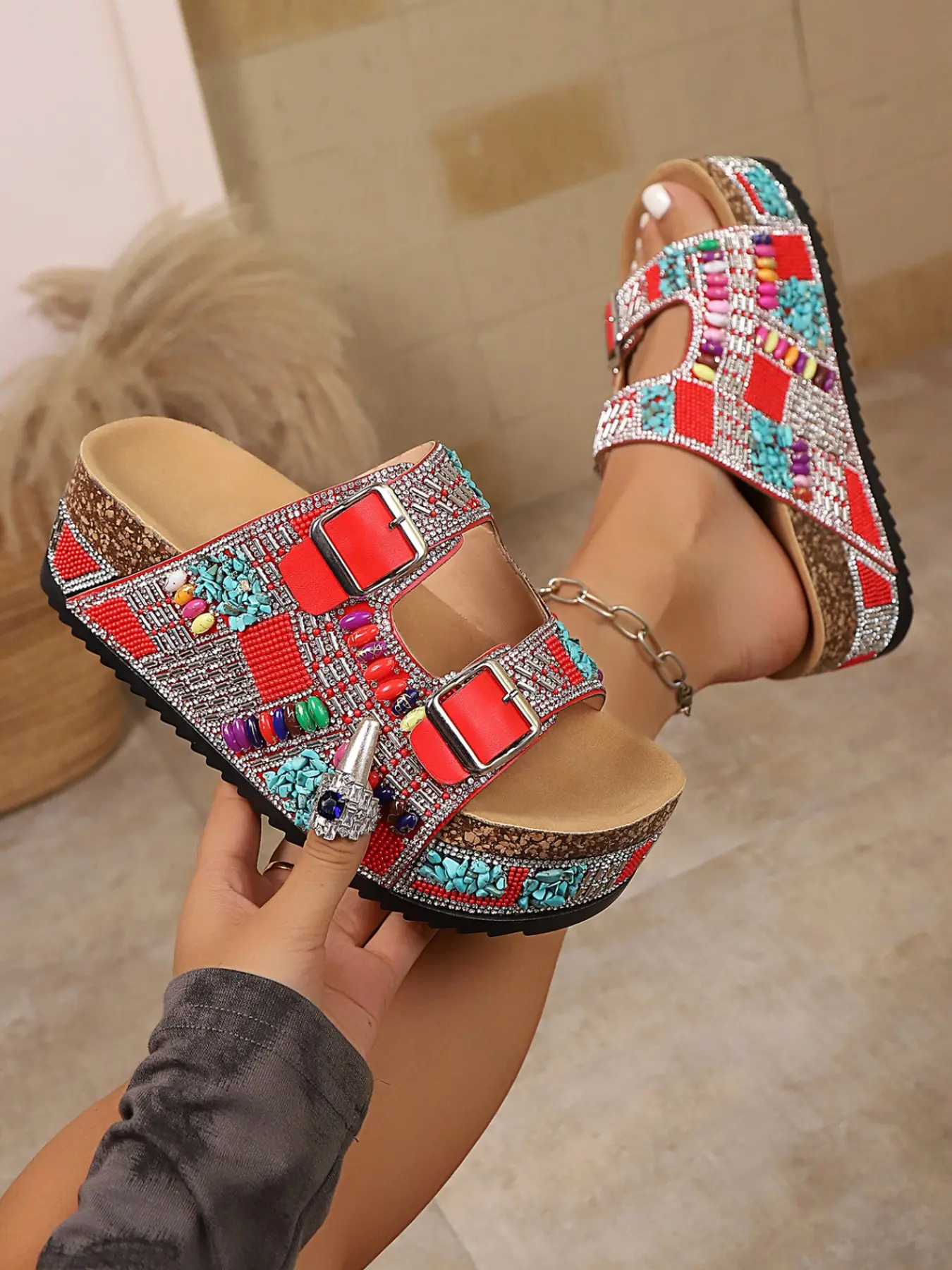 Boho Style Rhinestone Beaded Thick Sole Casual Outdoor Fancy Sandals for Women, Adjustable Dual Strap Softwood, Open-Toe Summer Vacation Shoes, Large Size Beach Slippers Footwear