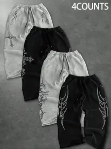 Spring & Fall Casual Sports Pants Set, Loose Drawstring Straight Leg, Comfortable Fashion for Men & Women, Daily Wear, 4 Pack