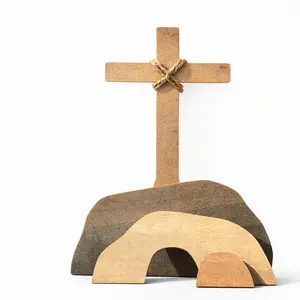 Christian Easter Decor – He Is Risen Empty Tomb Display with Wooden Cross, Resurrection Scene Ornament for Farmhouse Mantel, Tiered Tray & Religious Home Decor whimsical gifts mini gifts for coworkers