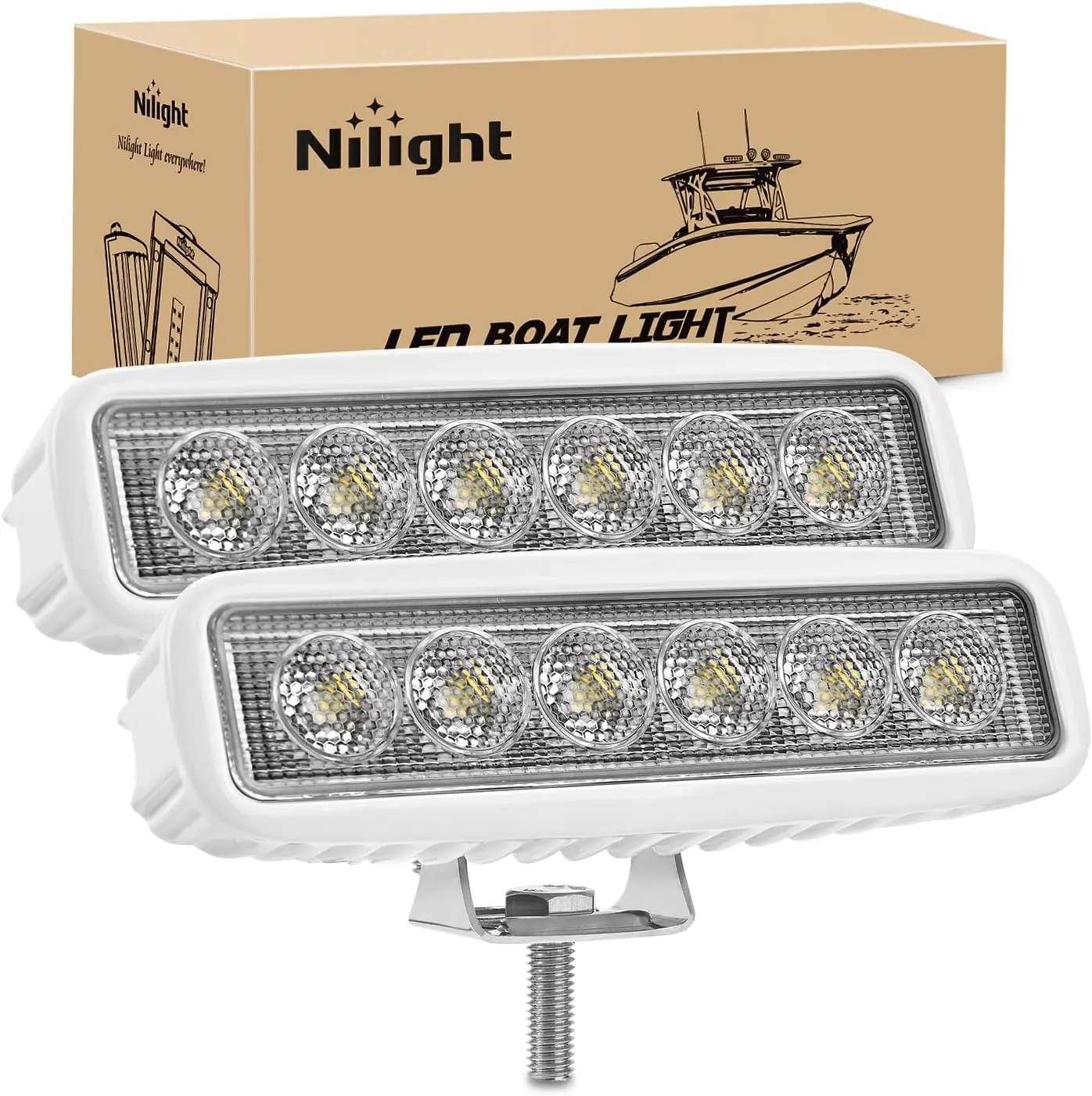 Nilight NI19E Series 2PCS 18W Flush Mount Marine LED Light Bars, 180° Adjustable Mounts, 6063 Aluminum Profile, IP67 Waterproof, 150° Flood Beams 1800lm, 10-30V Boat Illumination Fixtures for Night Fishing T-Top Use, Yacht, Ship