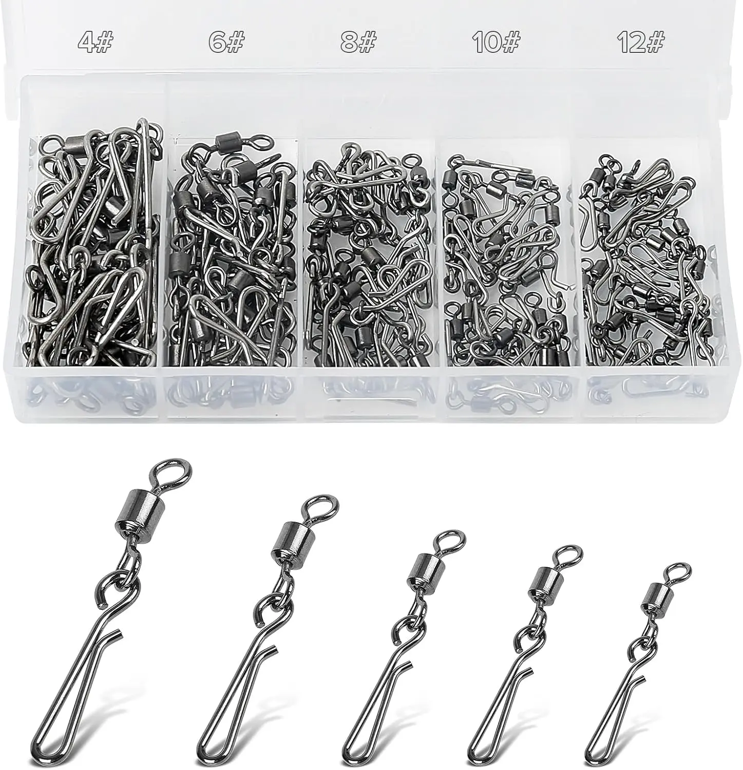 100 Pcs/5 Sizes Quick Change Fishing Rolling Connector Fishing Swivel with Hanging Snaps 4# 6# 8# 10# 12# Sea Fishing Snap Barrel Swivels and Clips for Connecting Fishing & Line
