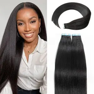 Light Yaki Tape in Hair Extensions Real Human Hair Double Sided Seamless Tape ins Skin Weft Natural Black #1B 12"-24"